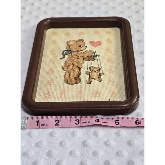 Framed Teddy Bear Cross Stitch Frame Vintage Nursery 1980's Decor Cottagecore - Picture 7 of 12